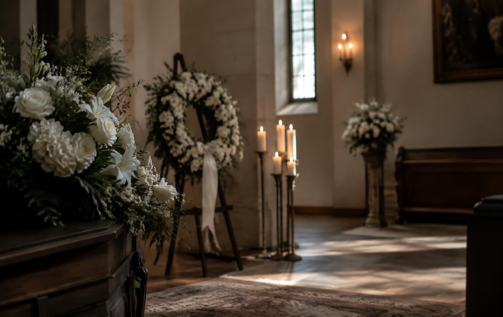 Corona y arreglos de flores blancas en una capilla de velación